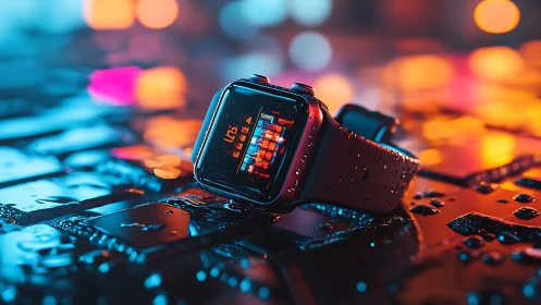 Water-resistant smartwatch on neon wet pavement, macro view