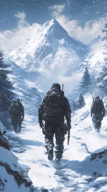 Armed patrol unit traversing snowy alpine mountain pass.
