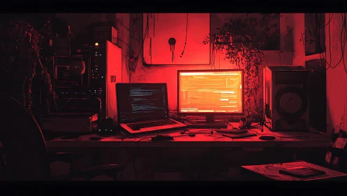 Red-lit hacker workstation glows inside dark cluttered lab.