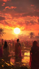 Crowd of robed figures stand in wet field at vivid sunset