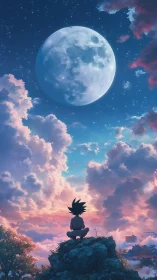 Solitary anime figure studies luminous moon above clouds