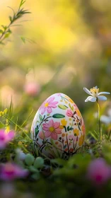 Gentle spring egg rests among soft flowers and sunlight