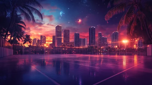 Neon city skyline over reflective urban sports court.
