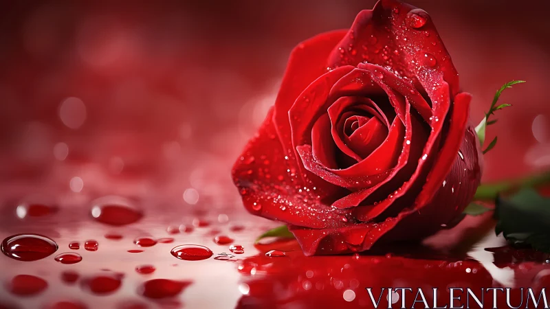 Ruby Rose with Dewdrops in Soft Light.