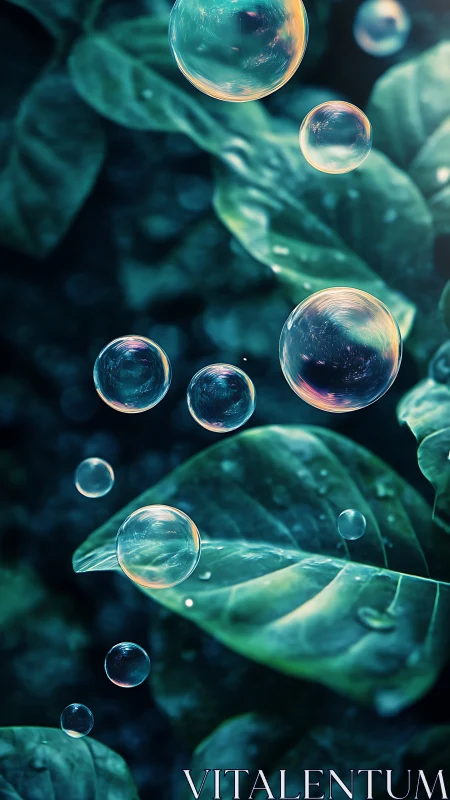 Digital painting of iridescent bubbles over lush foliage study.