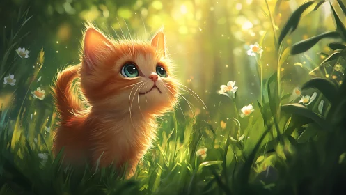 Ginger Kitten in Luminous Meadow with Ethereal Lighting