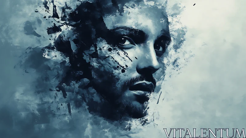 Abstract male portrait dissolves into smoky blue fragments