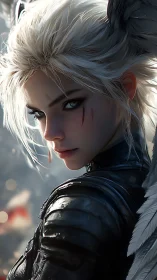 Winged warrior portrait in dramatic cinematic backlight.