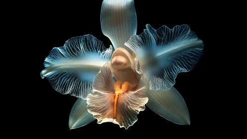 Translucent orchid macro with backlit rippled petals view.