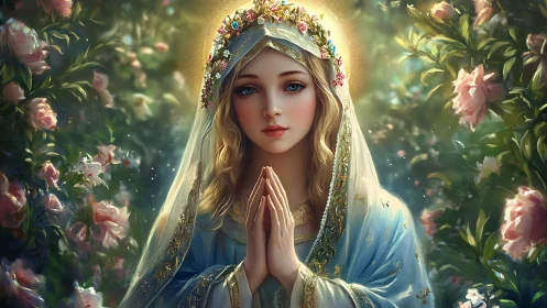 Praying maiden glows softly within a dreamlit rose garden
