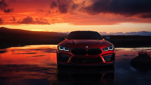 Sunset reflections with a bold red sports car waiting quietly.