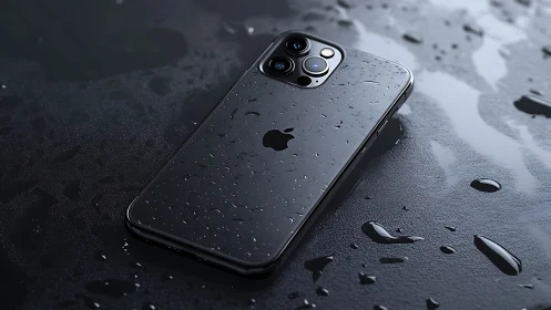 iPhone Pro with Water Droplets on Metallic Surface.