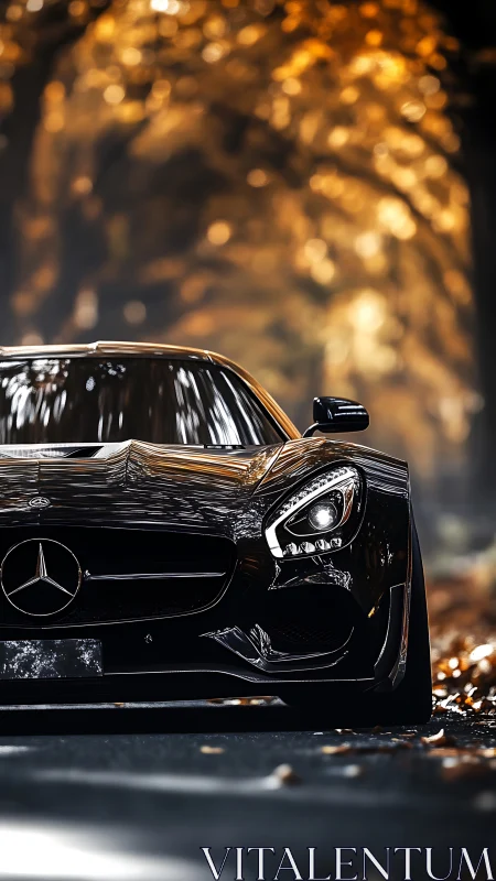 Black Mercedes sports car on autumn forest road.