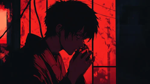 Red window confessional with brooding midnight silhouette.