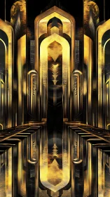 Symmetrical art deco corridor with reflective golden arches
