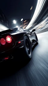 Rear three-quarter view shows sports car on curved city road