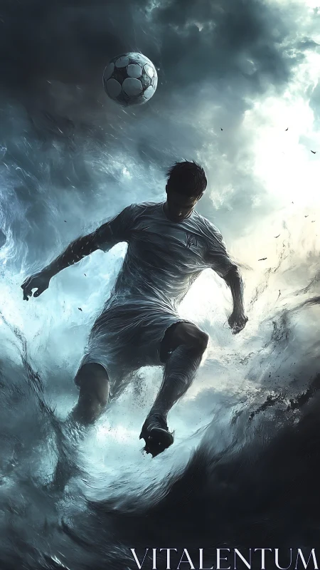 Soccer player in stormy swirling water atmosphere.