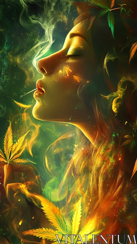 Dreamy woman drifts in swirling smoke and glowing leaves