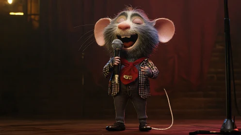 Joyful little mouse belts out a heartfelt song on stage