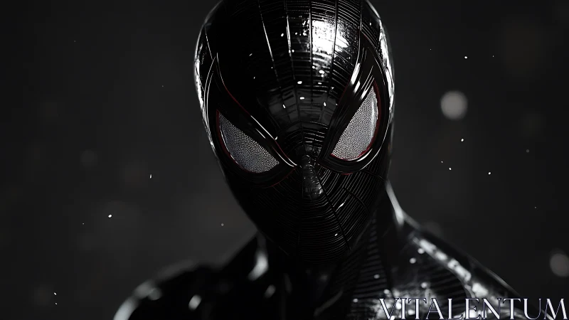 High-gloss black spider suit rendered in dramatic close-up lighting