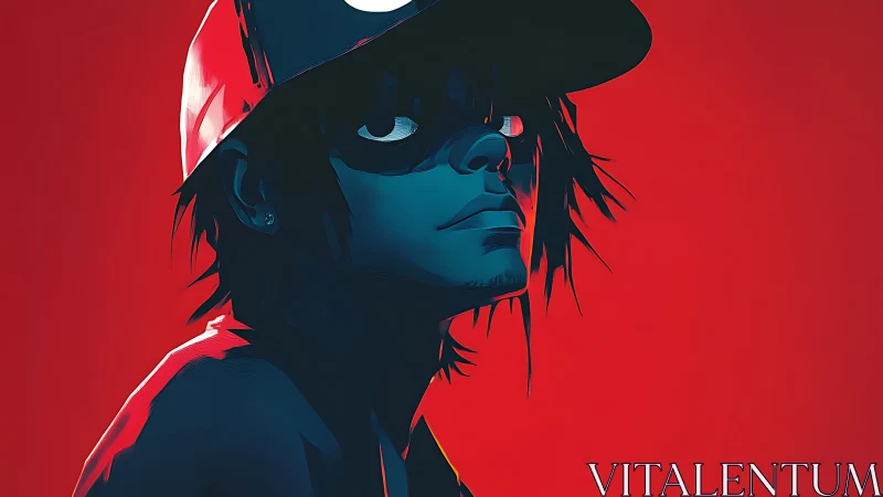 Blue-lit youth in red cap gazes upward against red field