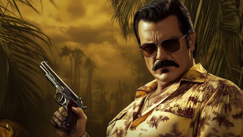 Man with handgun in tropical setting under yellow sky.