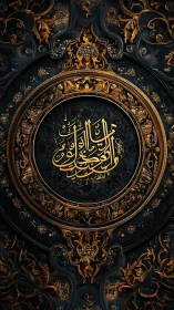 Gilded Arabic calligraphy haloed by ornate baroque swirls.
