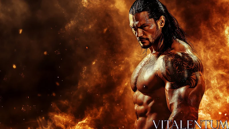 Fiery warrior stands amid swirling embers and darkness.