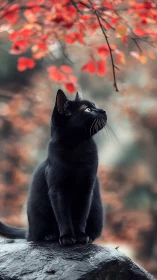 Black Cat Gazing at Autumn's Brilliant Red Leaves.