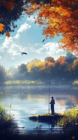 Autumn lakeside fishing under bright clouds and foliage.