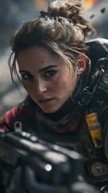 Battle-hardened female soldier locks target in tense standoff.