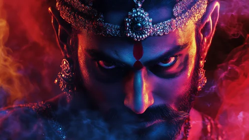 Crimson-lit warrior prince glares through swirling ritual smoke