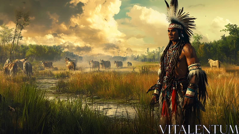 Plains warrior watches grazing horses beneath storm-lit skies.
