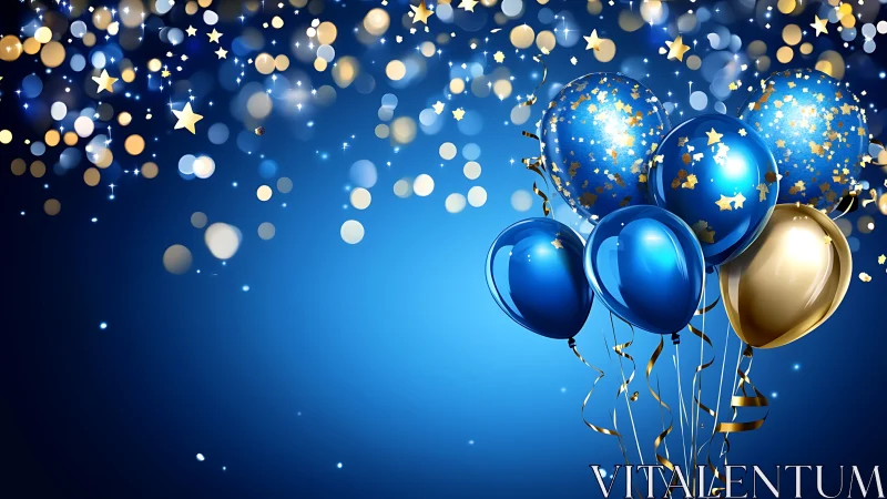 Blue and Gold Decorative Balloons Against Starlit Sky Background
