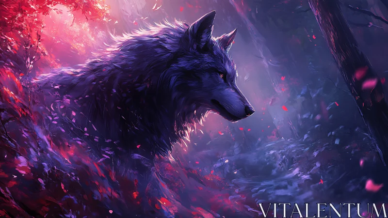 Mystic twilight wolf wandering through a glowing dream forest.