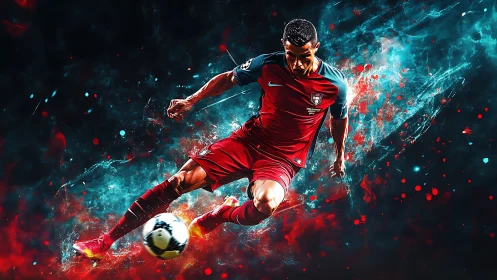 Dynamic football striker in red kit amid neon particle blast.