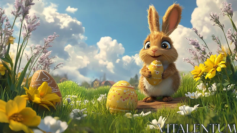 Digital rabbit holds decorated eggs in stylized meadow scene