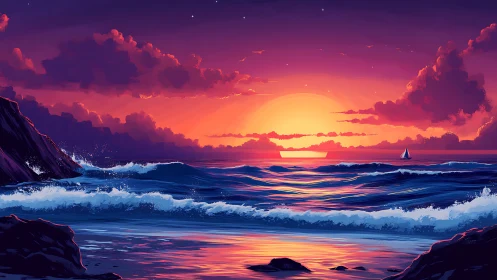 Radiant ocean sunset glows over waves and distant sailboat.