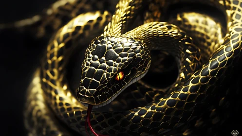 Coiled golden snake with glowing eye under dramatic light.
