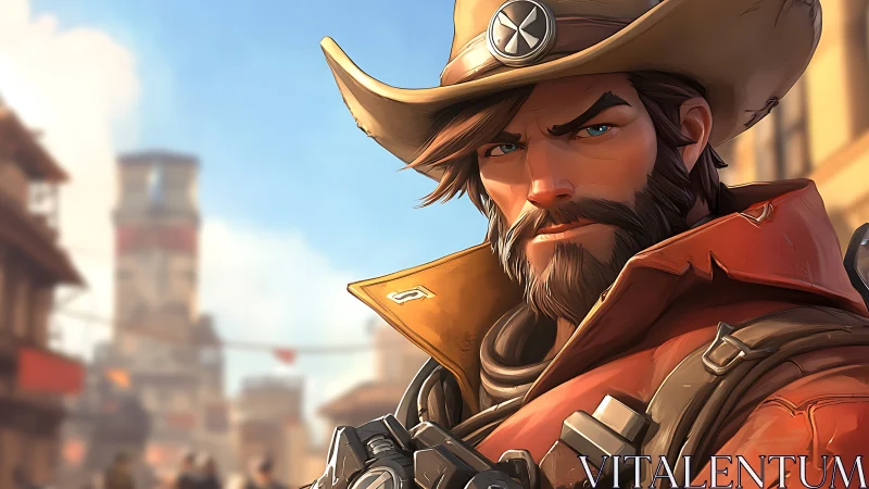 Bearded cowboy gunslinger portrait in sunlit desert town