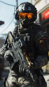 Heavily armed futuristic soldier stands in urban street