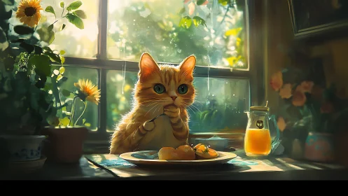 Orange Cat Dining by Sunlit Window with Plants