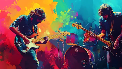 Electric rock trio with bass guitars on neon abstract stage