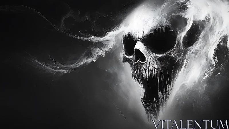 Ghostly smoke skull with jagged teeth in dark void.