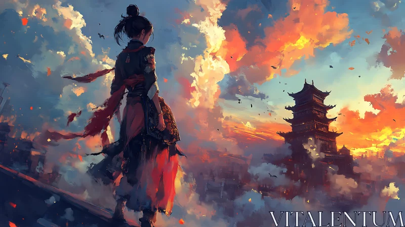 Skybound warrior gazes toward blazing sunset pagoda realm.