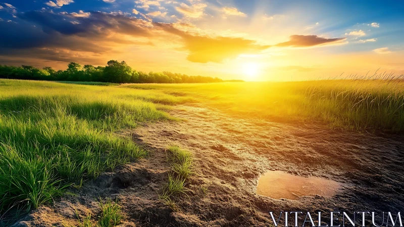 Golden sunset illuminates tranquil grassy field and wet path.