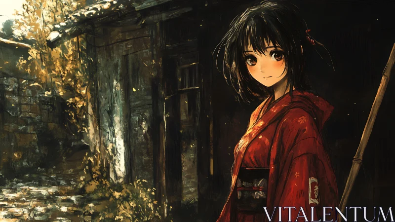 Girl in red kimono stands near weathered wooden structure