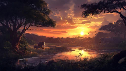 Savanna dusk river where elephants wander through molten light.