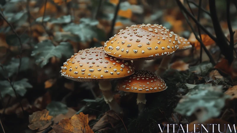 Clustered orange fly agaric mushrooms in soft forest bokeh.