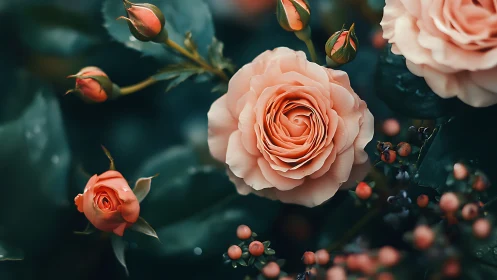 Peach roses with buds and berries in moody garden setting